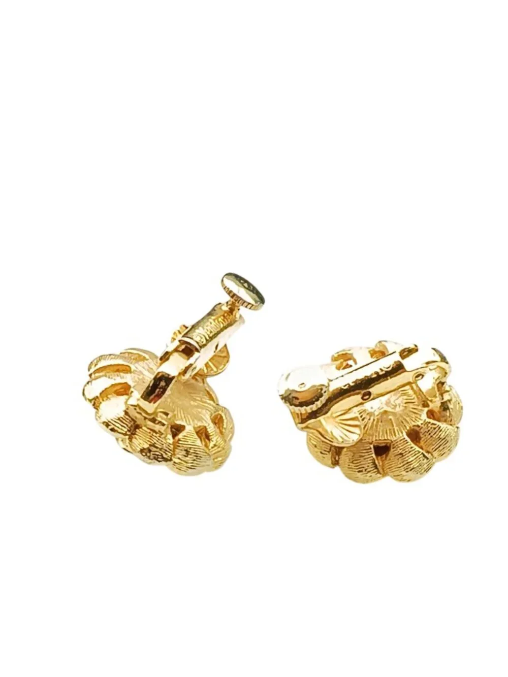 Vintage Vendome Flower Earrings, Gold Tone Camellia Bloom with Pearl Center Clip
